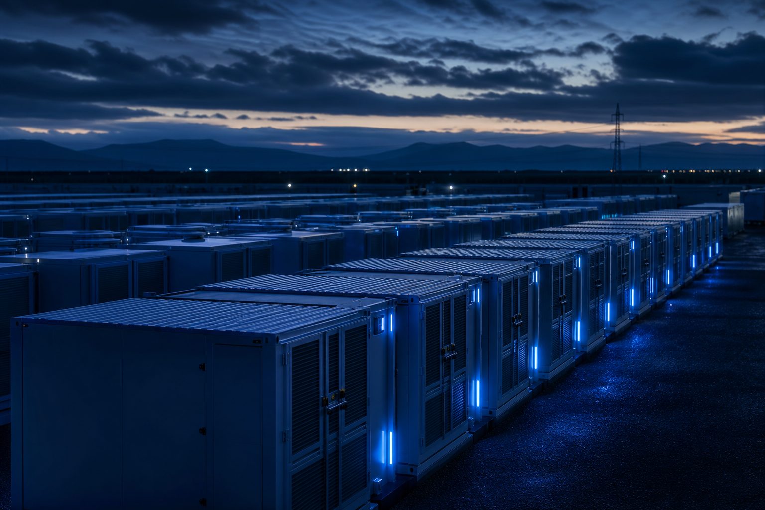 Grid-scale battery energy-storage containers at dusk