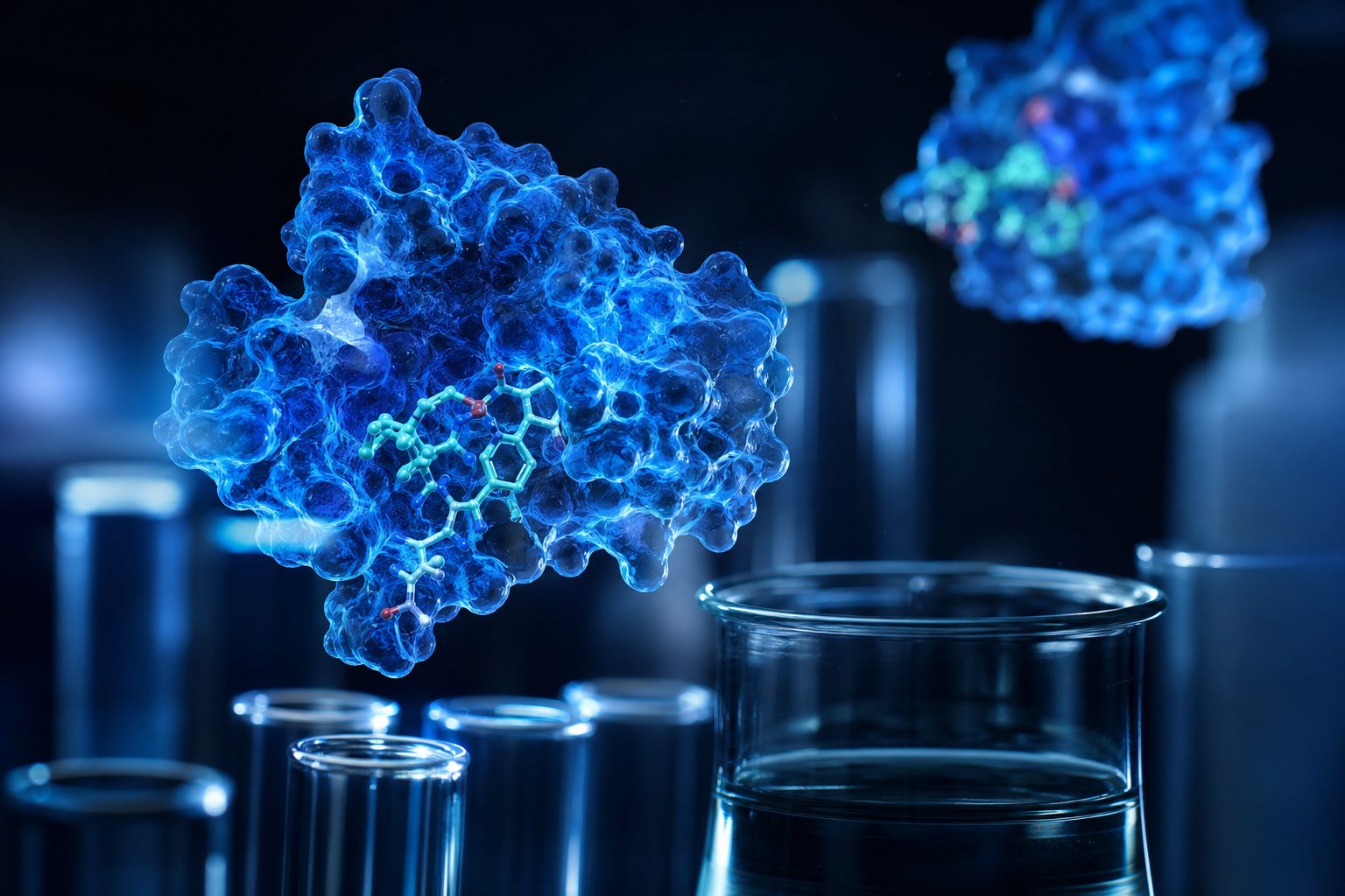 Molecular and protein structures above laboratory glassware