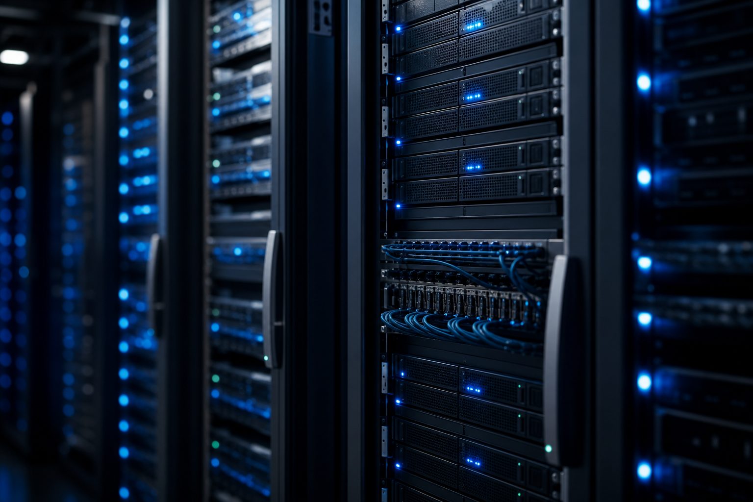 Rows of servers in a modern AI data center