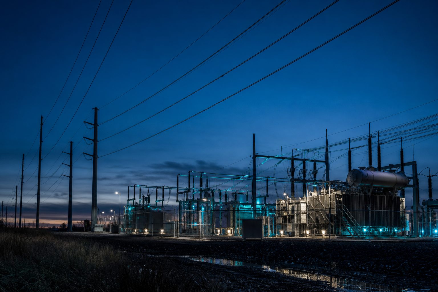 Electrical substation and power infrastructure at dusk