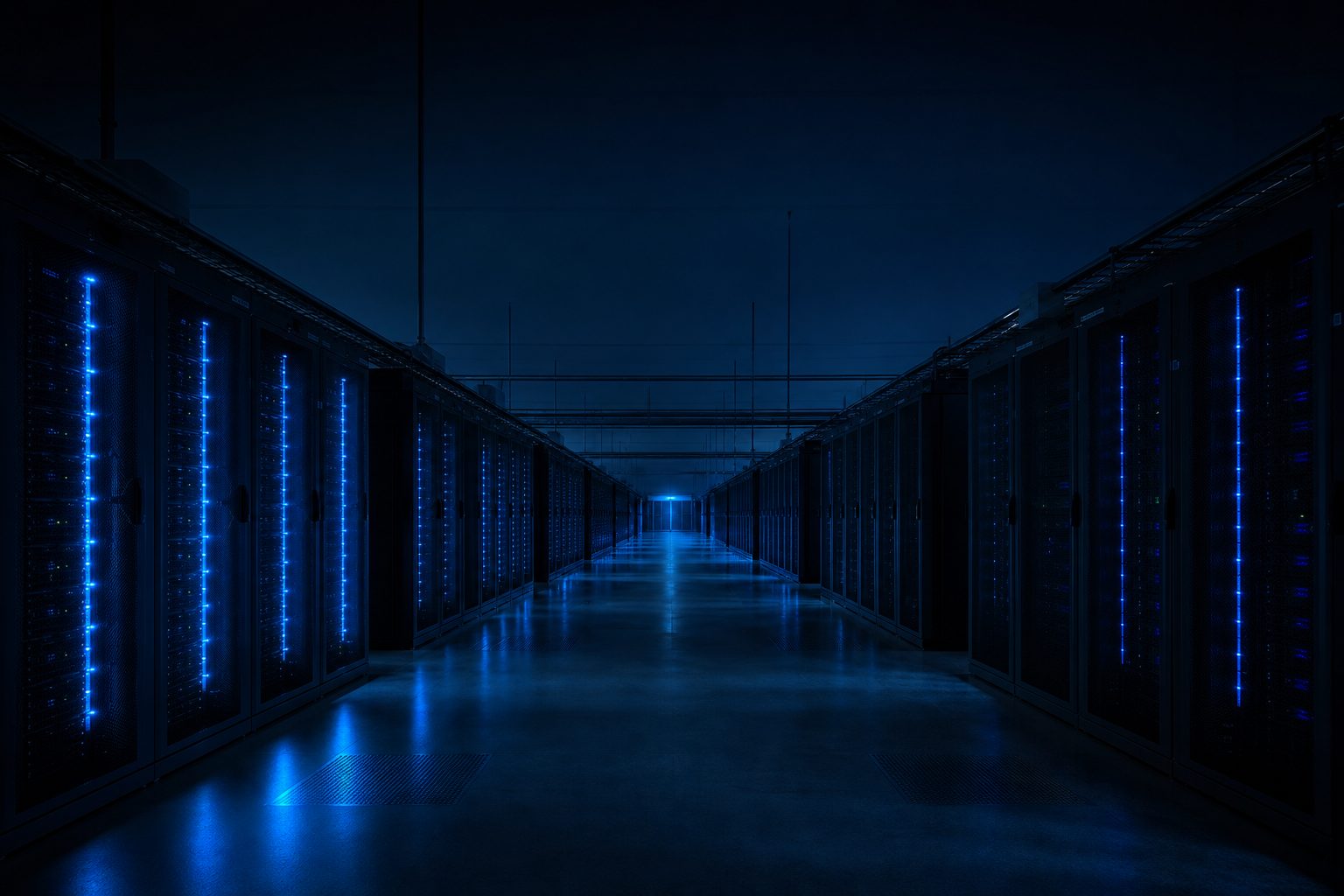 Modern AI data center hall with glowing blue server racks